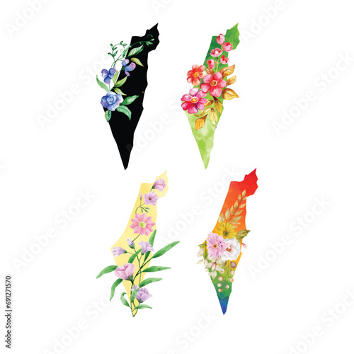 Palestine Floral Map ,Colorful floral Palestine map vector illustration