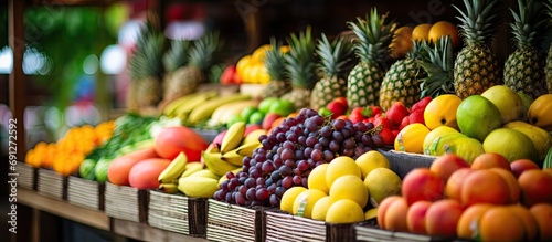 Assorted fresh fruit baskets at the market, along with ripe vegetables on shelves, and fresh fruit for sale. photo