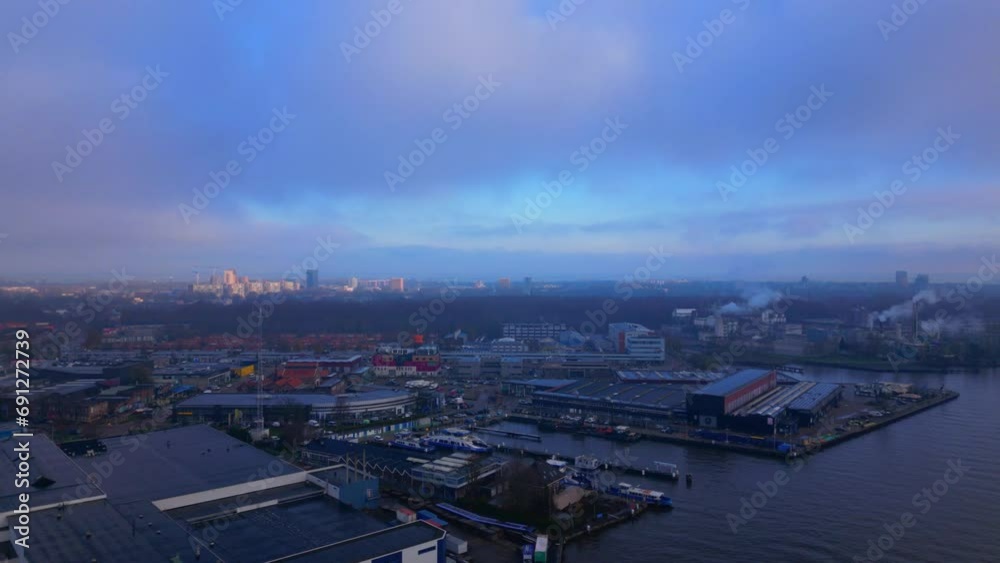 Orbital Panoramic View over Industrial Area in Amsterdam North Sea Canal at Sunset Orbital Panoramic View over Industrial Area in Amsterdam North Sea Canal at Sunset