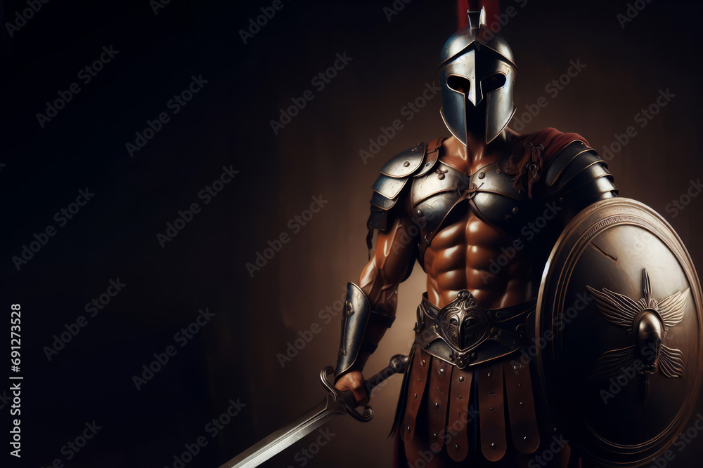 A spartan warrior in armor with shield and sword, antique Greek military, muscular ancient soldier - obrazy, fototapety, plakaty 