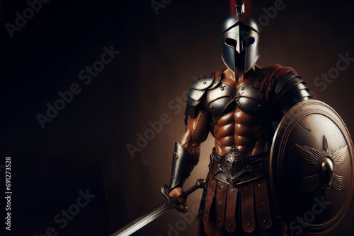 A spartan warrior in armor with shield and sword, antique Greek military, muscular ancient soldier photo