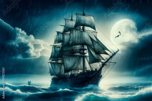 Old sail ship braving the waves of a wild stormy sea at night and dream moon