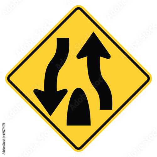 divided highway end here road sign, road divider ends symbol in yellow diamond shape. two way road start here