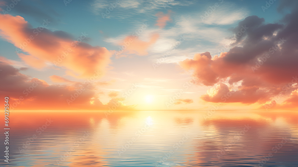 Dancing with Light The Spectacle of Sky and Landscape in a Gentle Palette with Bright Lights Realism in the Horizon A Sunset Sky's Realistic Image and the Reflection of Heaven generative AI