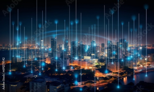 Smart city with wireless network connection and cityscape.big data connection technology concept.Wireless network and Connection technology concept with city background  Generative AI