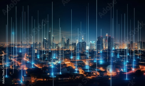 Smart city with wireless network connection and cityscape.big data connection technology concept.Wireless network and Connection technology concept with city background, Generative AI