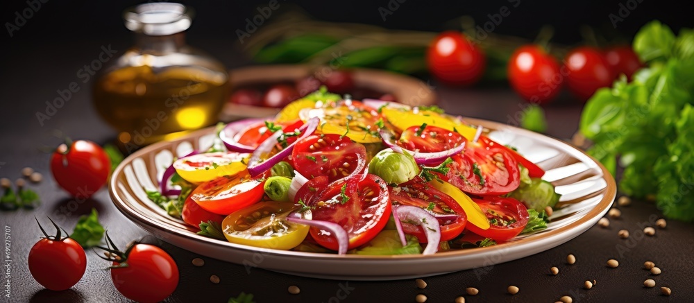 Vibrant spring veggie salad with tomatoes, peppers, and herb-infused olive oil. Organic vegan meal or snack. Vibrant spring veggie salad with tomatoes, peppers, and herb-infused olive oil. Organic vegan meal or snack.