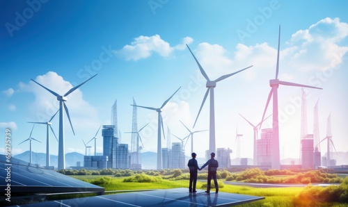 solar cell plant and wind generators in urban area connected to smart grid.Energy supply,wind turbine,eolic turbine,distribution of energy,Powerplant,energy transmission,high voltage, Generative AI
