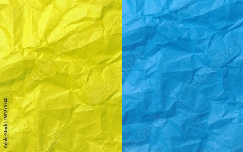 Colorful half yellow and half blue crumpled paper texture. Rough grunge old blank. Colored background. Vector illustration