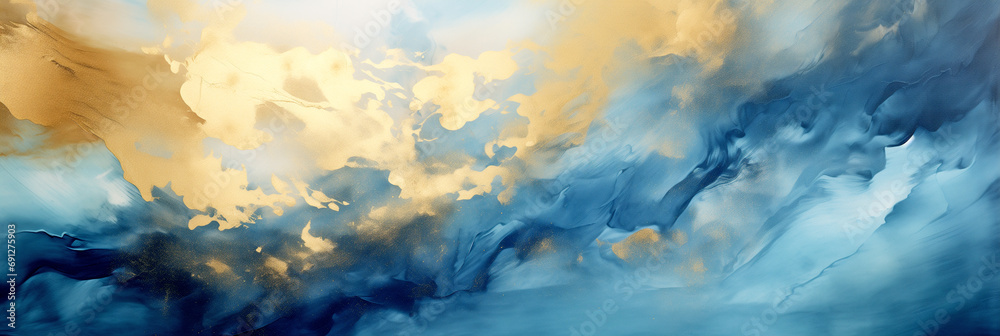 Scenic Painting with Blue and Gold Waves of Flowing Paint - Horizontal Image