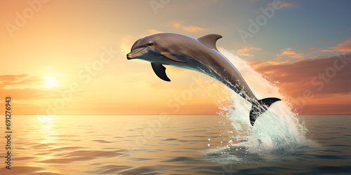 Majestic Dolphin Leaping in Vibrant Ocean Waters, Showcasing its Agility and Grace – Perfect for Marine Life Enthusiasts Dolphin Leaping out of the Water An Expansive Dolphin Sky Sea Experience, AI © Safia