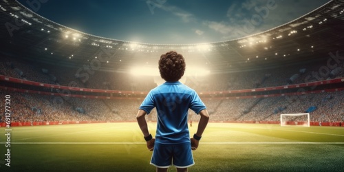 3D Render Football Player Standing in Soccer Stadium, Future Dream to Be a Professional Footballer. Generative AI © Lens Crafted Das