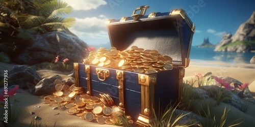 Treasure chest on the island background, The treasure chest is full of gold coins. Generative AI photo