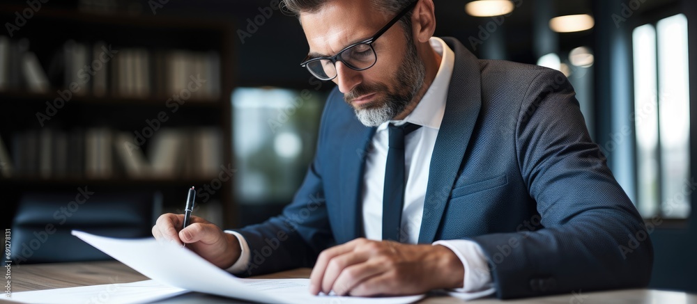 A serious male professional in an office, reading documents and focusing on contracts while considering solutions or solving problems. - obrazy, fototapety, plakaty 