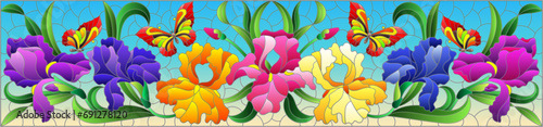 An illustration in the style of a stained glass window with a composition of iris flowers and butterflies on a blue background