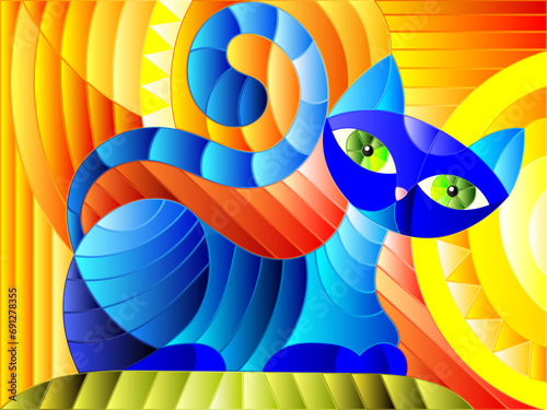 Illustration in stained glass style with abstract blue geometric cat on an orange background