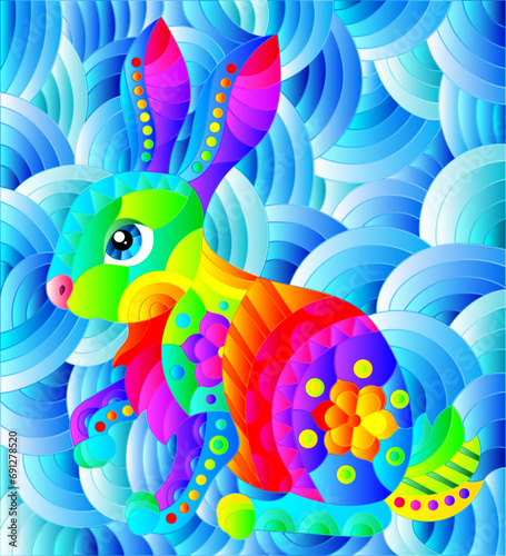 Stained glass illustration with a cute rabbit on a background of blue waves  rectangular image