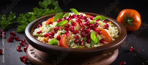 Traditional Middle Eastern vegan salad with couscous, fresh veggies, and pomegranate seeds.