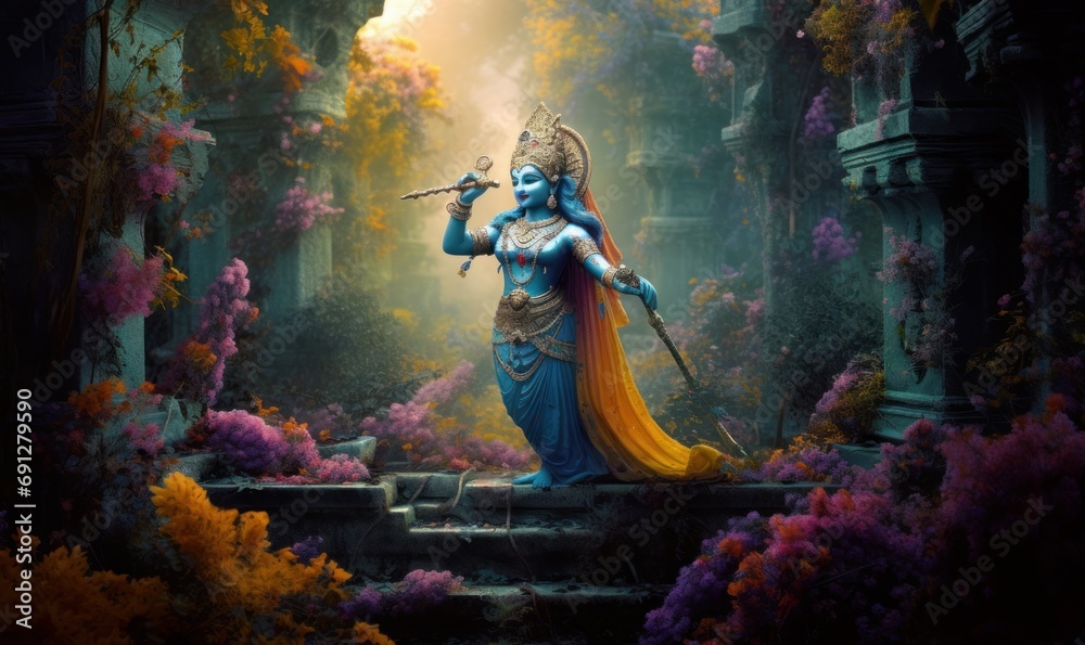 3D illustrated image of Hindu God Lord Krishna's raas leela in Vrindavan garden, India, Generative AI - obrazy, fototapety, plakaty 