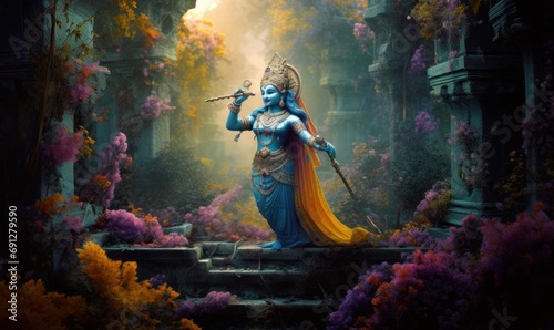 3D illustrated image of Hindu God Lord Krishna's raas leela in Vrindavan garden, India, Generative AI photo