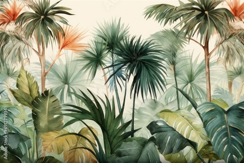 Tropical plants and palm trees, for texture background photo wallpaper. Wallpaper pattern painted in watercolour. Generative AI photo