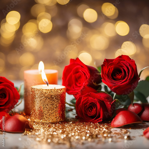Red roses and candle light on blurred background gold confetti and letters with heart symbols on white background
