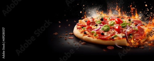 Italian pizza with cheese, veggies, fresh salad leaves and salami exploding in air. Creative food advertising concept, horizontal banner. Generative AI