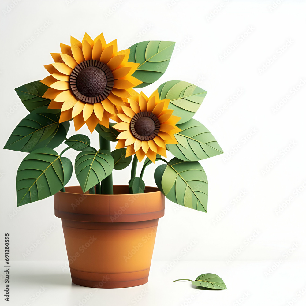 Obraz premium Potted sunflower paper craft design element isolated on white background