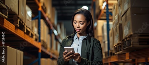 Asian woman manages inventory for cargo, logistics, and supply chain by using an online app to text colleagues and check delivery checklist.