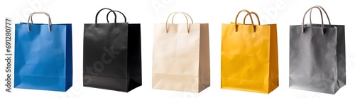 Collection set of colour eco friendly recyclable side view blank shopping paper bag on transparent background cutout, PNG file. Mockup template for artwork graphic design. blue black beige yellow grey