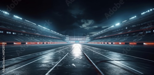 Asphalt racing track finis race sport stadium at night. Professional digital 3d illustration of racing sports. Generative AI © Neha Focus