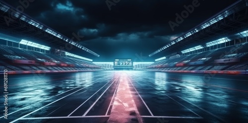 Asphalt racing track finis race sport stadium at night. Professional digital 3d illustration of racing sports. Generative AI photo
