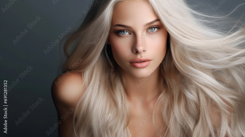 Portrait of a beautiful woman with shiny curly hair. Coloring blond Portrait of a beautiful woman with shiny curly hair. Coloring blond
