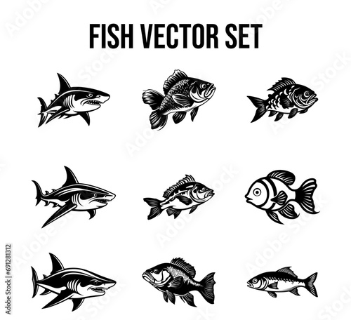 "Impressive Collection of 9 Fish Pictograms, Each Vector Meticulously Crafted to Represent the Diversity and Elegance of Various Fish Species."