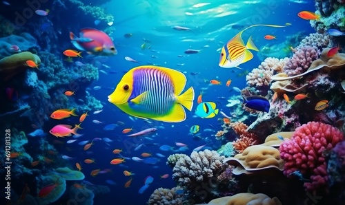 Animals of the underwater sea world. Ecosystem. Colorful tropical fish. Generative AI © Neha Focus
