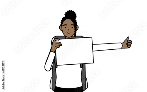African-American woman hitchhiking with a smile
