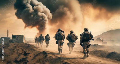 military special forces soldiers crosses destroyed warzone through fire and smoke in the desert, wide poster design with copy space area. Generative AI © Neha Focus