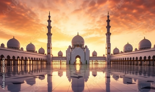 Abu Dhabi, UAE, Sheikh Zayed Grand Mosque in the Abu Dhabi, United Arab Emirates on a sunset view background. Generative AI photo