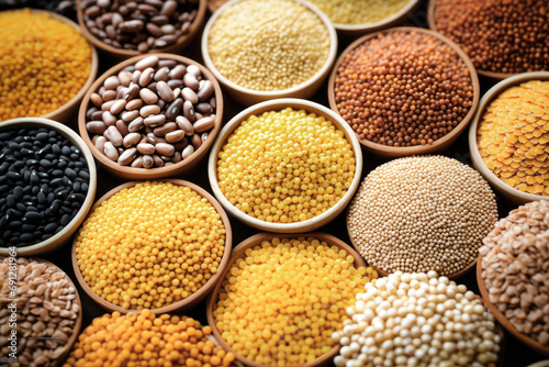 Assorted different types of beans and cereals grains. Set of indispensable sources of protein for a healthy lifestyle. Quality food. Healthy eating concept.