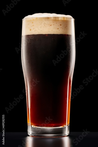 Shaker pint glass of fresh dark stout beer with cap of foam isolated, Generative AI