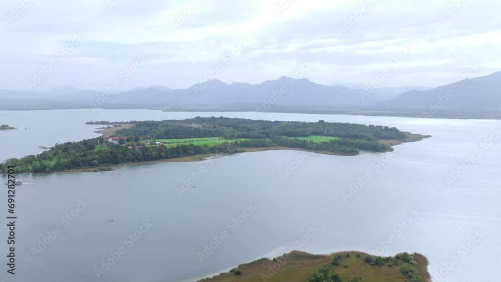 Chiemsee Municipality On Lake Chiemsee In Bavaria, Germany. aerial sideways Chiemsee Municipality On Lake Chiemsee In Bavaria, Germany. aerial sideways