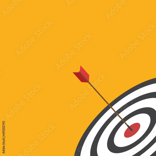 Red arrow hits the target center. Business challenge failure and success concept.