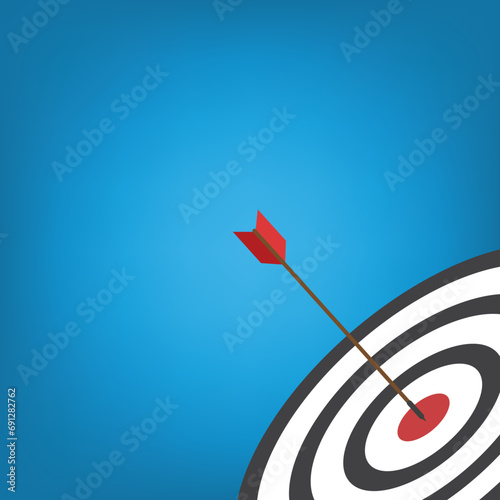 Red arrow hits the target center. Business challenge failure and success concept.