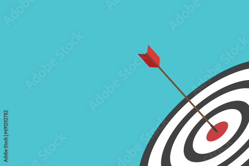 Red arrow hits the target center. Business challenge failure and success concept.