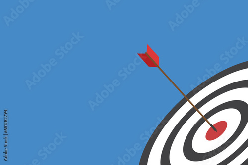 Red arrow hits the target center. Business challenge failure and success concept.