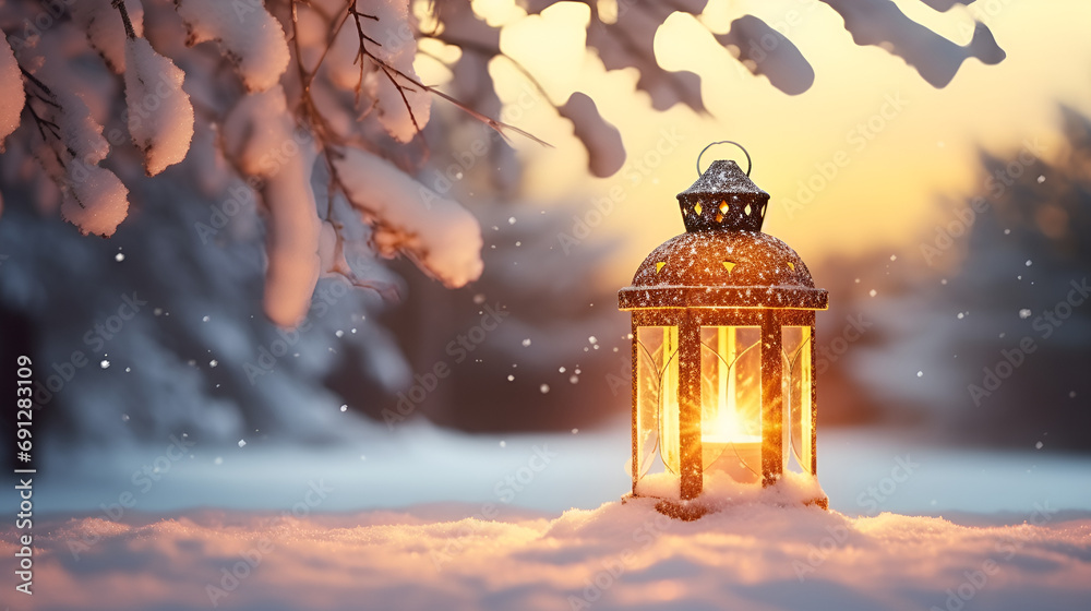 Whimsical Glow: Christmas Lanterns Casting a Radiant Spell Over a Snow-Kissed Landscape and Pine Tree Canopy