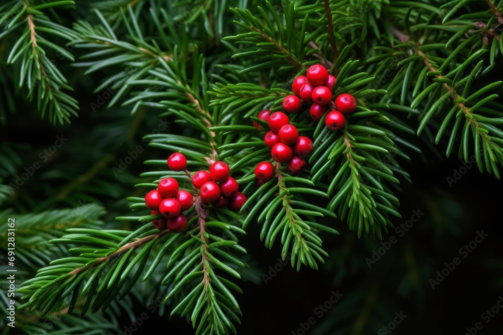 A green branch with the red berries of european yew or taxus baccata tree, Generative AI