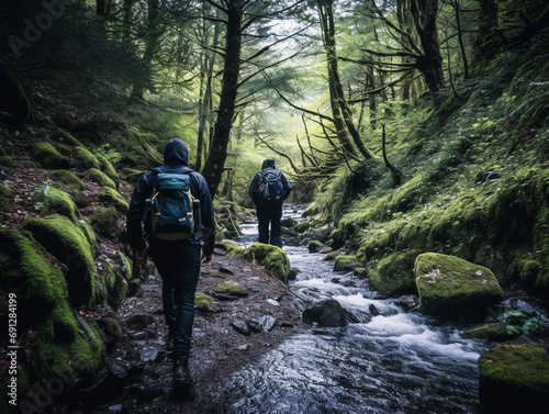 A group of hikers traversing through dense woods to discover a hidden waterfall.