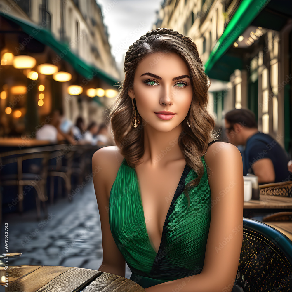 Woman in Green Dress at Table Woman in Green Dress at Table
