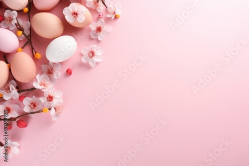 Easter eggs  flowers  on pastel pink background. Flat lay  top view  copy space.